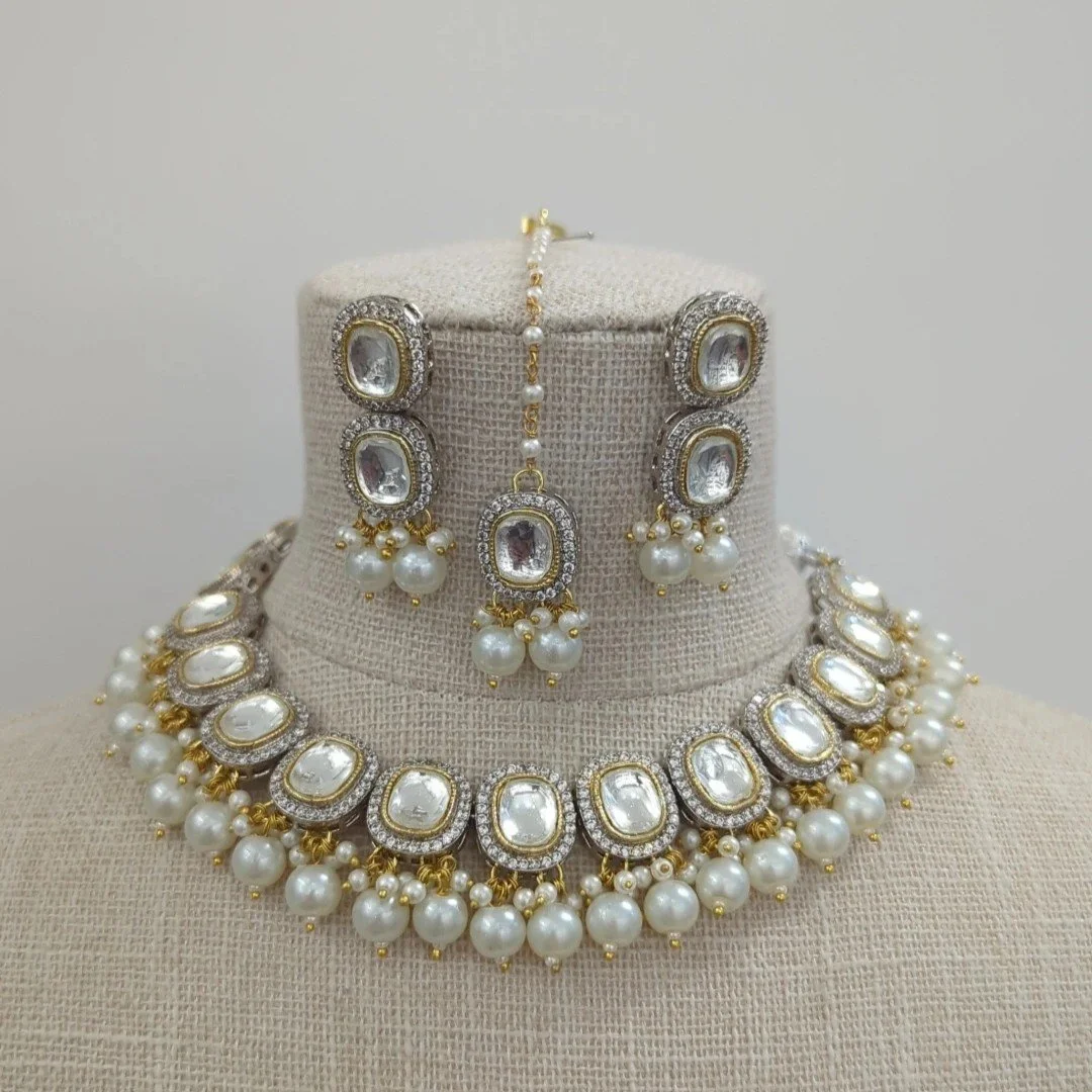 Gold Silver Foil Kundan Flexible Indian Asian Choker Necklace Jewellery Set Wedding Party