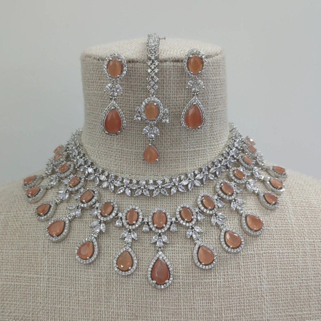 Peach Silver Layered American Diamond Necklace Jewellery Set Bridal Wedding Party