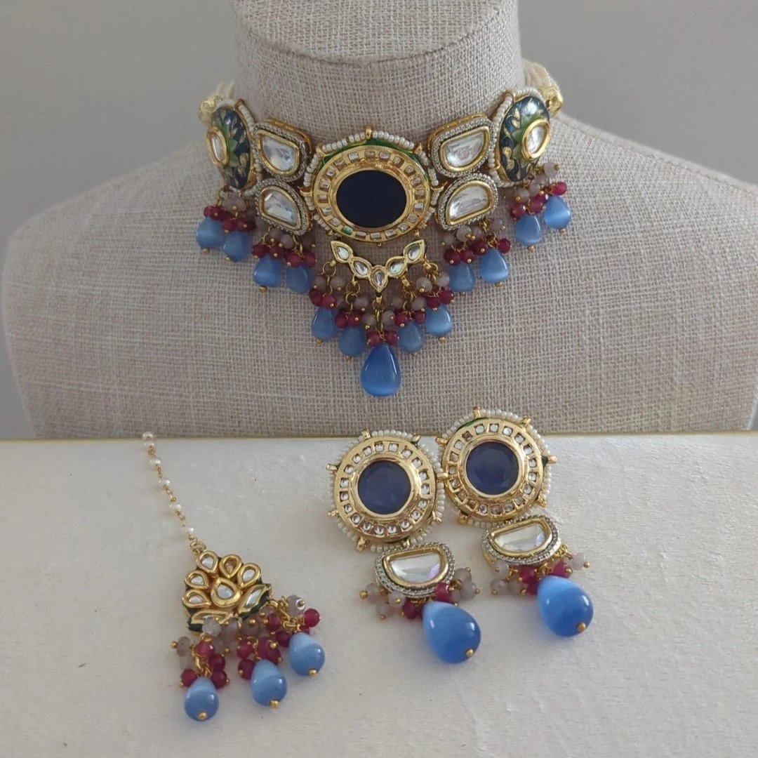Blue Lilac Tone Flexible Meenakari Kundan Necklace Jewellery Set
