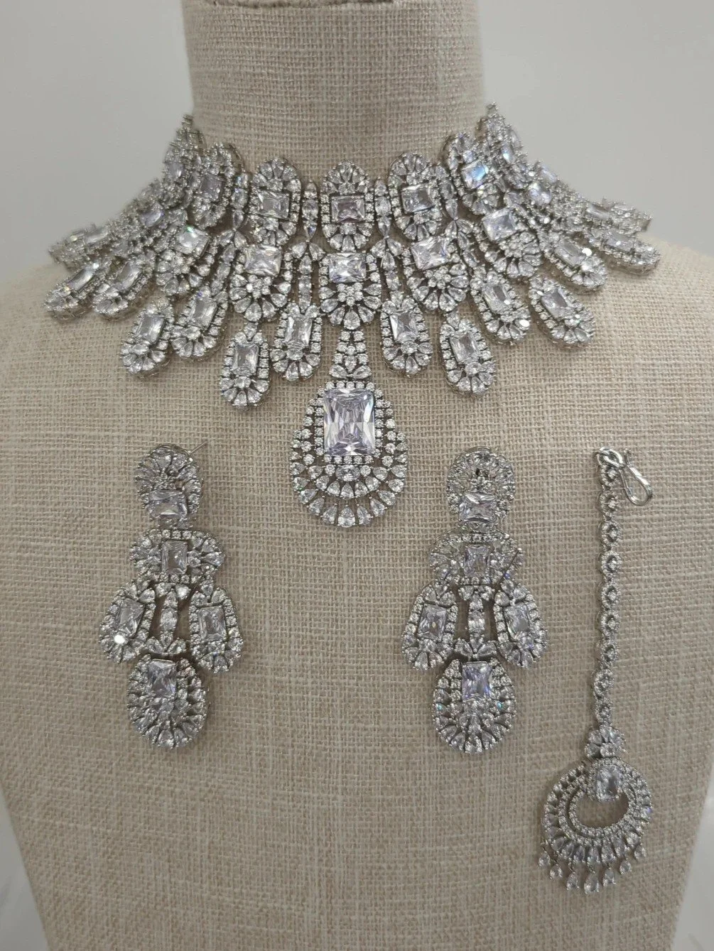 Full Silver Statement Bridal Indian Asian Choker Necklace Jewellery Set