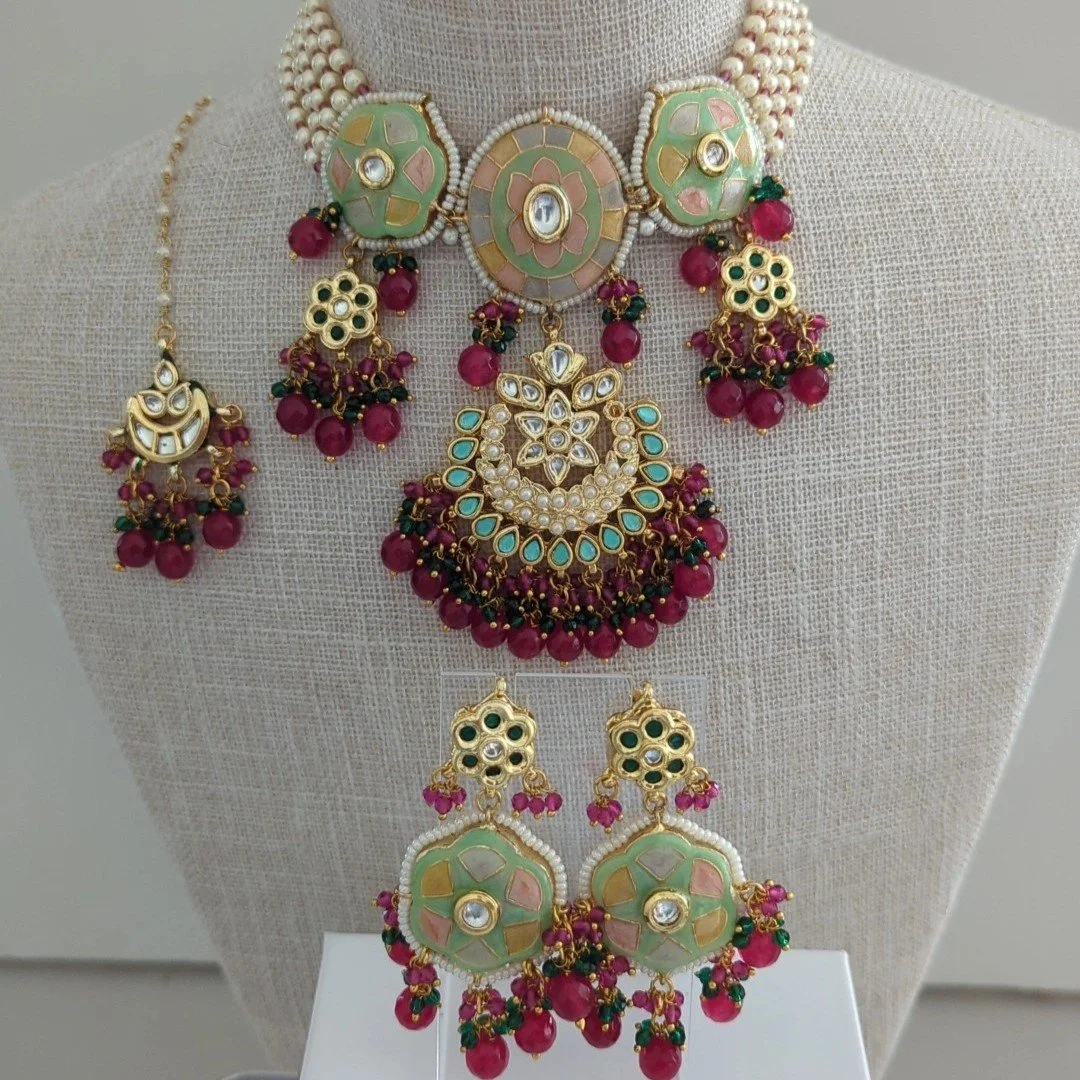 Ruby Pink Pastel Indian Asian Meenakari Kundan Choker Necklace Jewellery Jewelry Set