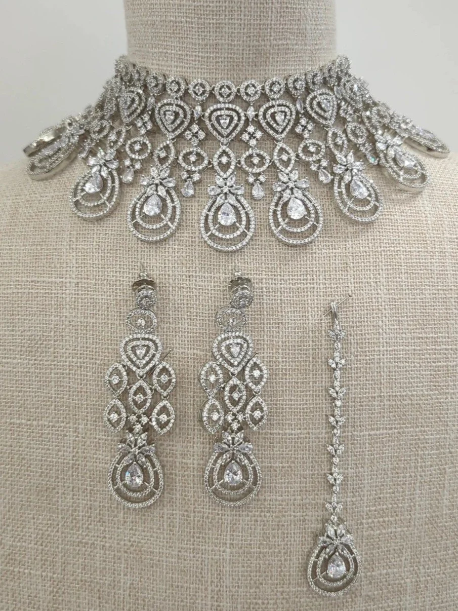 Full Silver Statement American Diamond Cubic Zirconia Bridal Choker Set