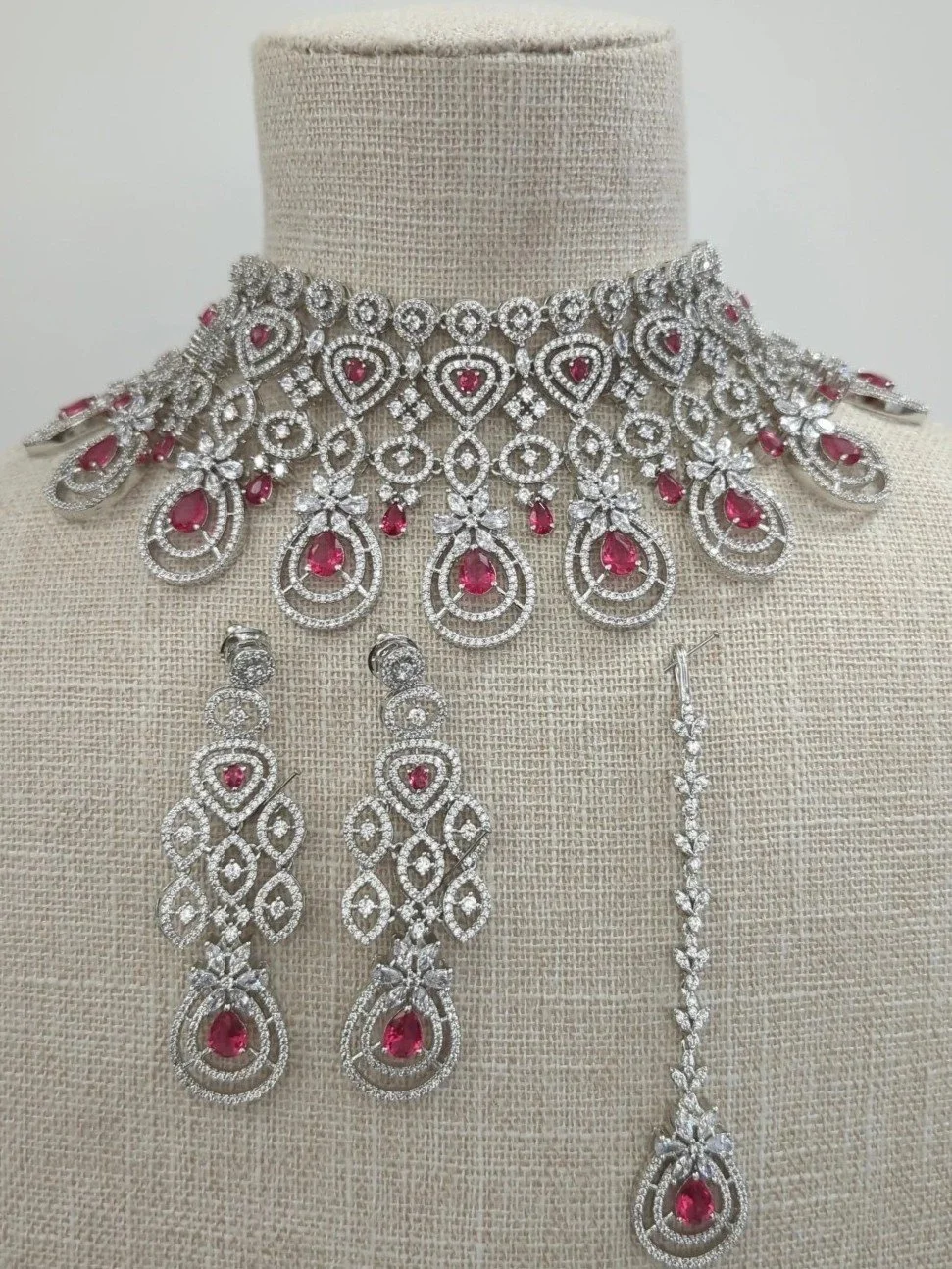 Ruby Silver Statement American Diamond Cubic Zirconia Bridal Choker Set