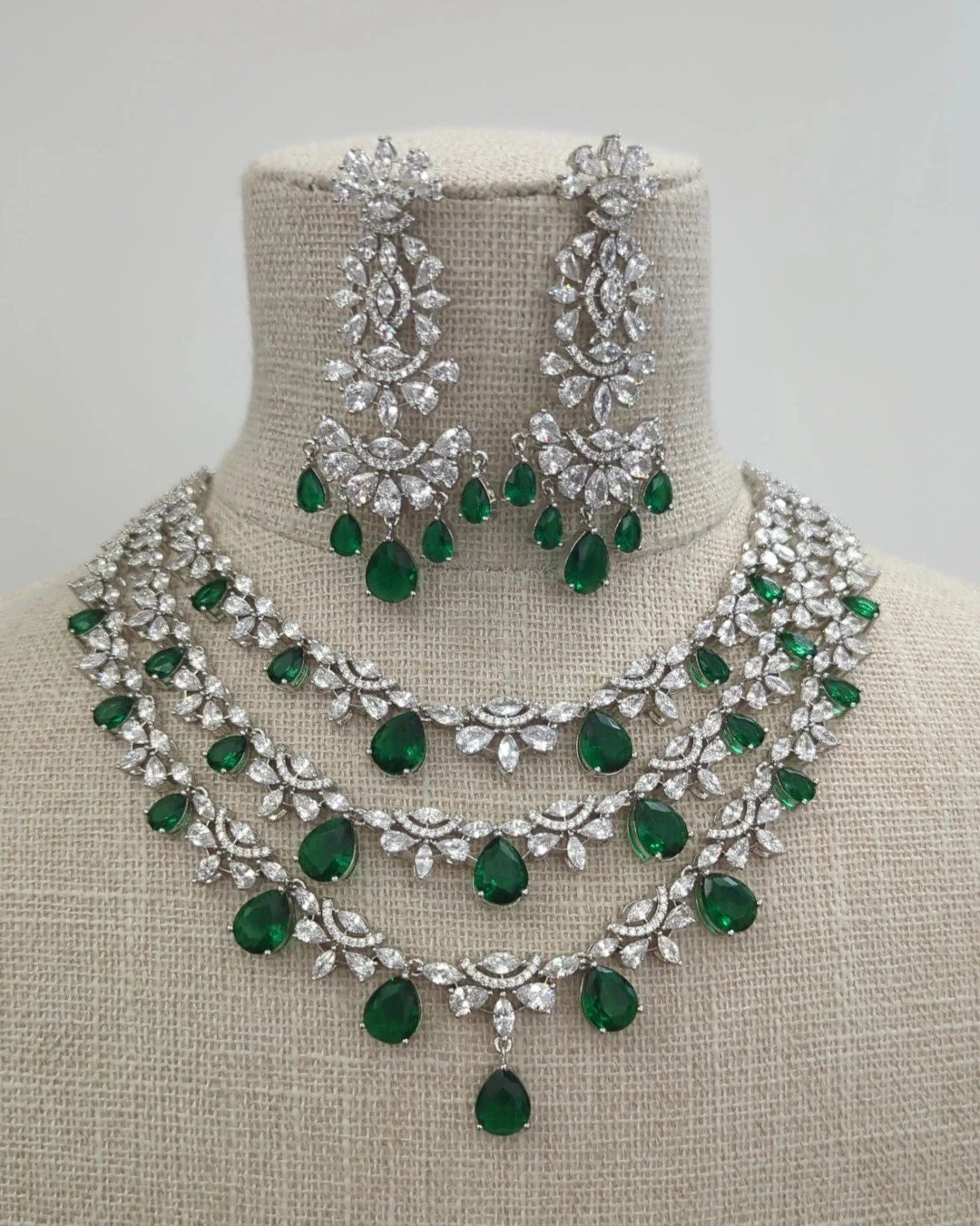 Green Silver Layered Indian Asian American Diamond Necklace Jewellery Jewelry Set
