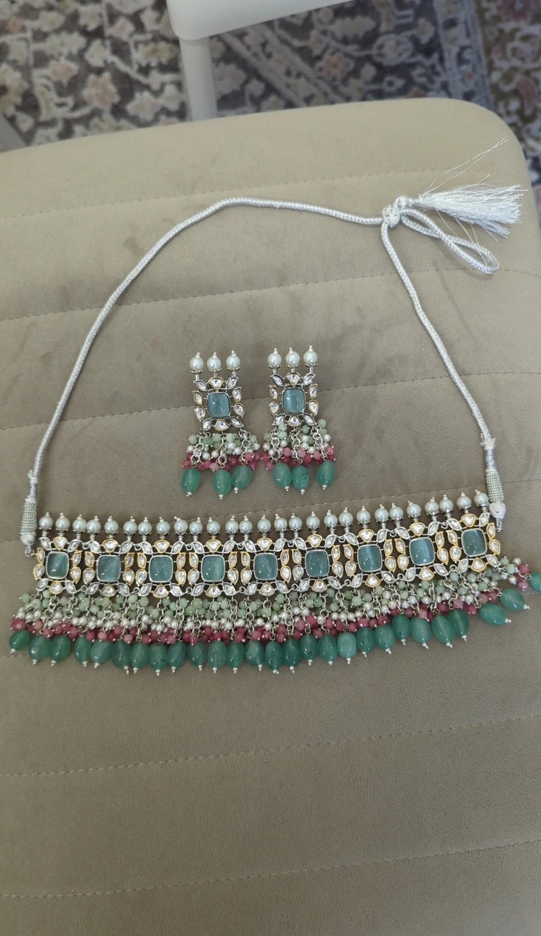 Ocean Blue Mint Gold Silver Moissonite Choker Jewellery Set