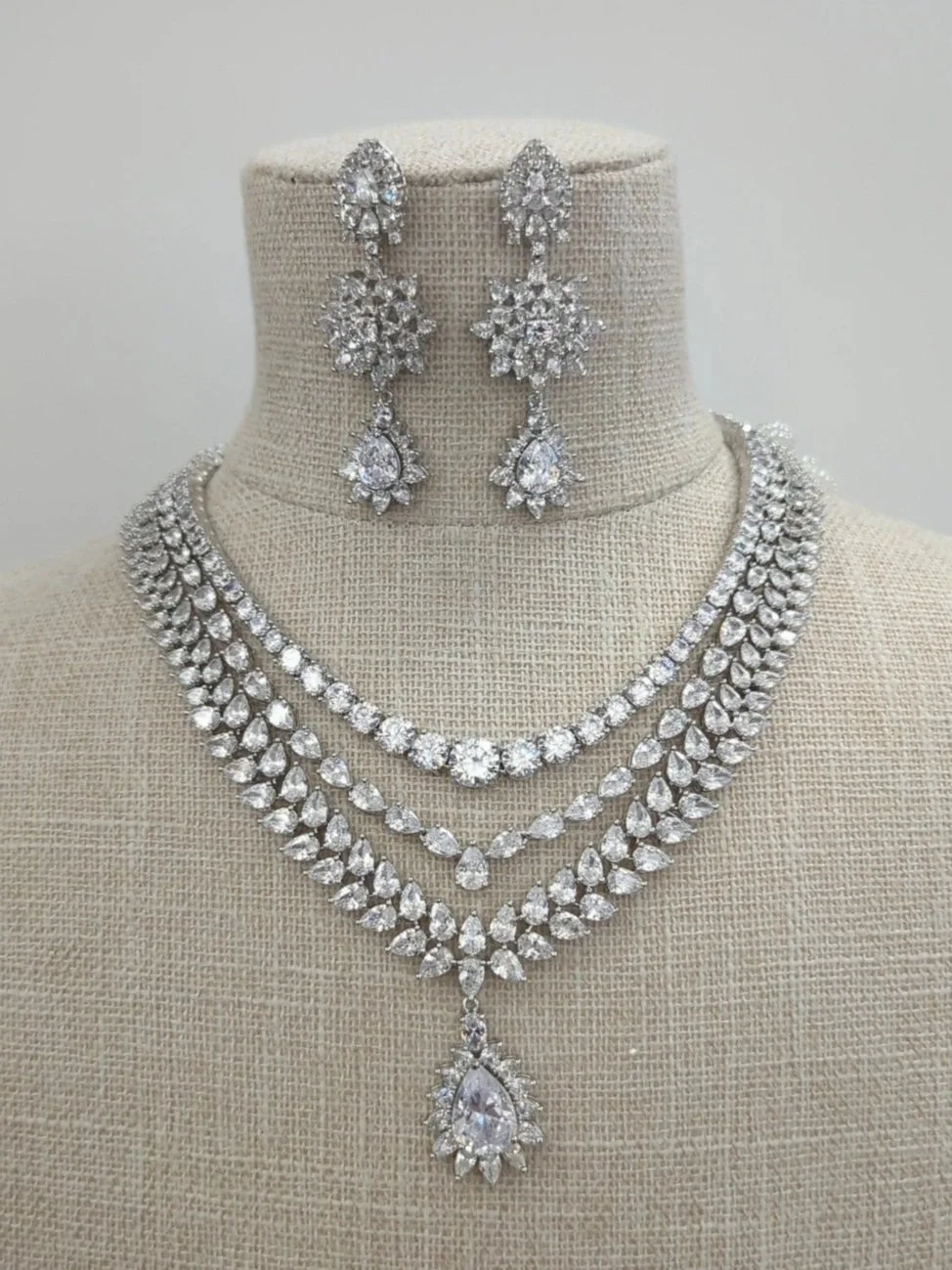 Full Silver American Diamond Layered Indian Asian Necklace Jewellery Set Bridal Wedding Party