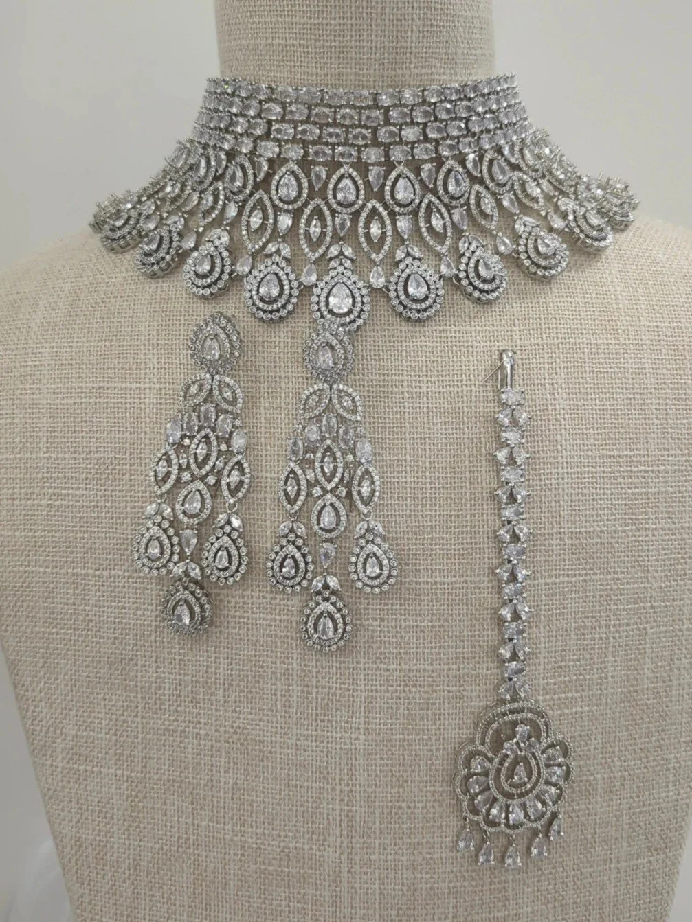 Full Silver Statement Bridal Indian Asian Choker Necklace Jewellery Set