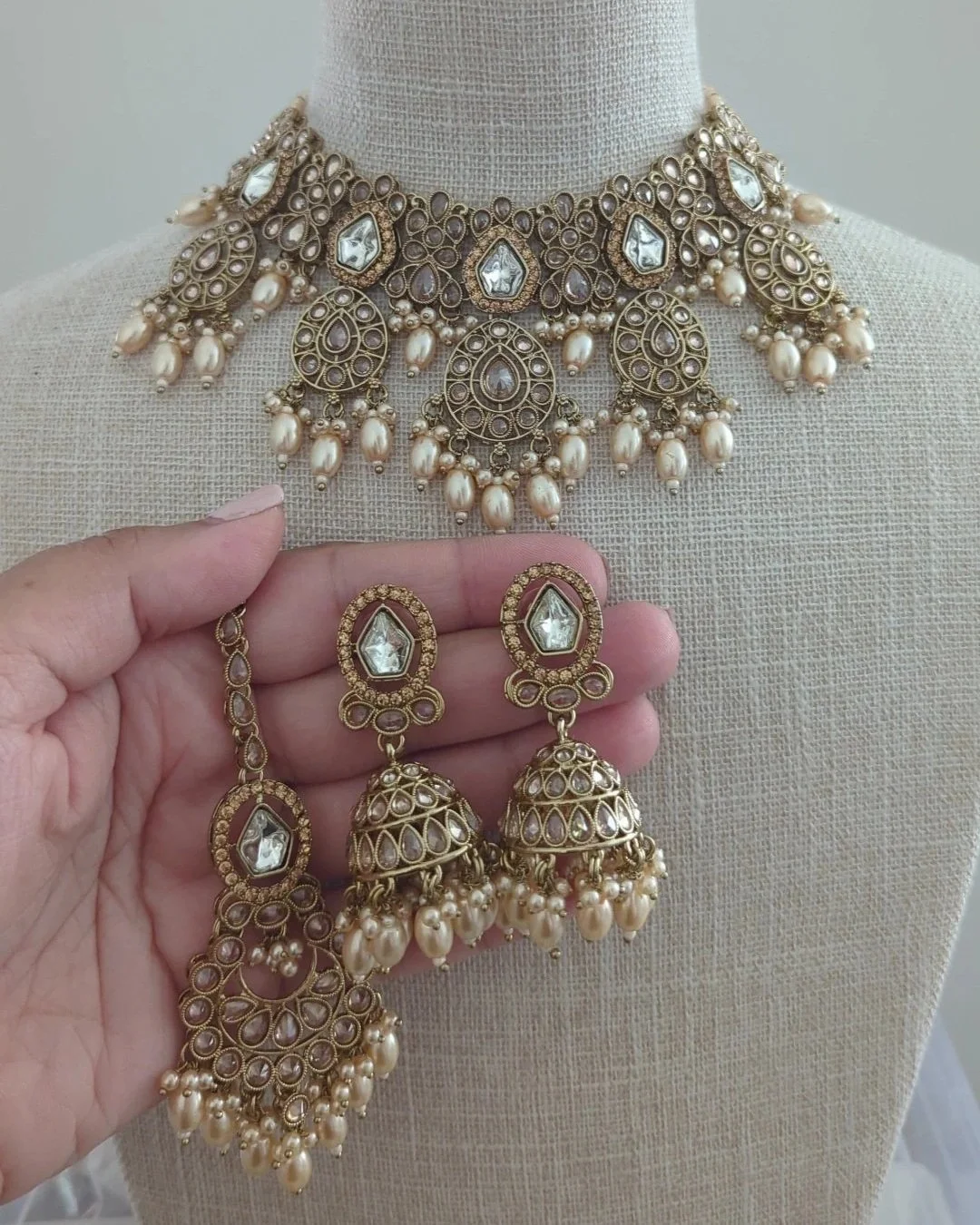 Antique Gold Pearl Polki Crystal Choker Jewellery Jewelry Set Wedding Party