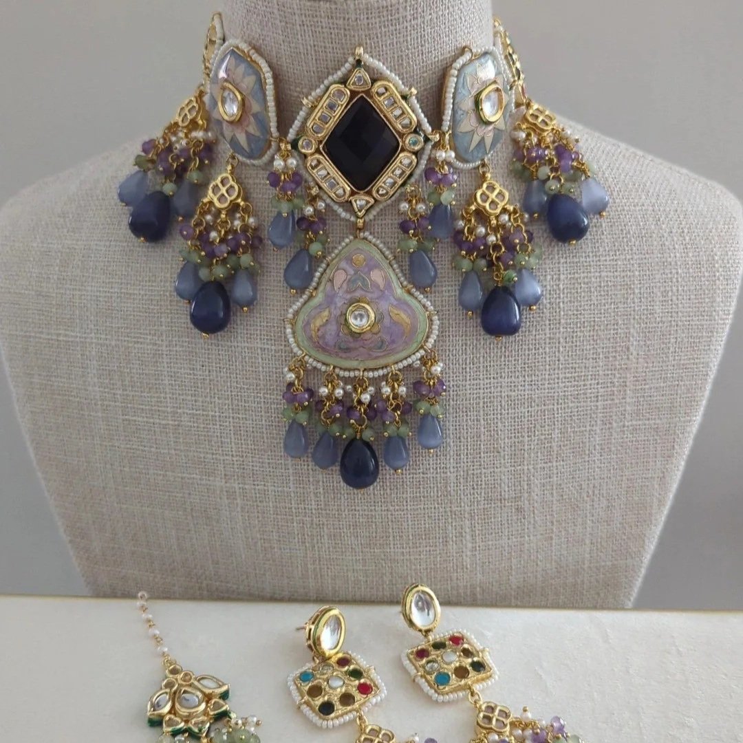 Purple Lilac Blue Indian Asian Meenakari Kundan Choker Necklace Jewellery Jewelry Set