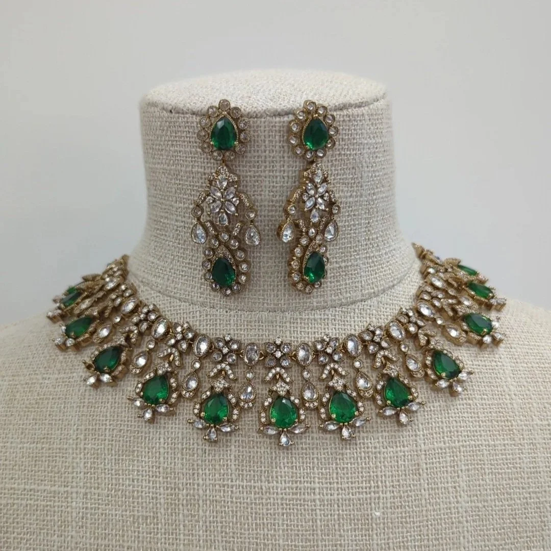 Green Gold Silver American Diamond Neckline Jewellery Jewelry Set Wedding Party