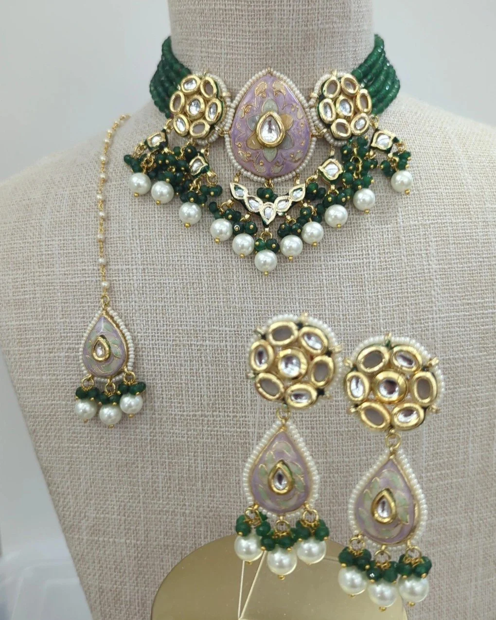 Green Indian Asian Meenakari Kundan Flexible Choker Necklace Jewellery Jewelry Set