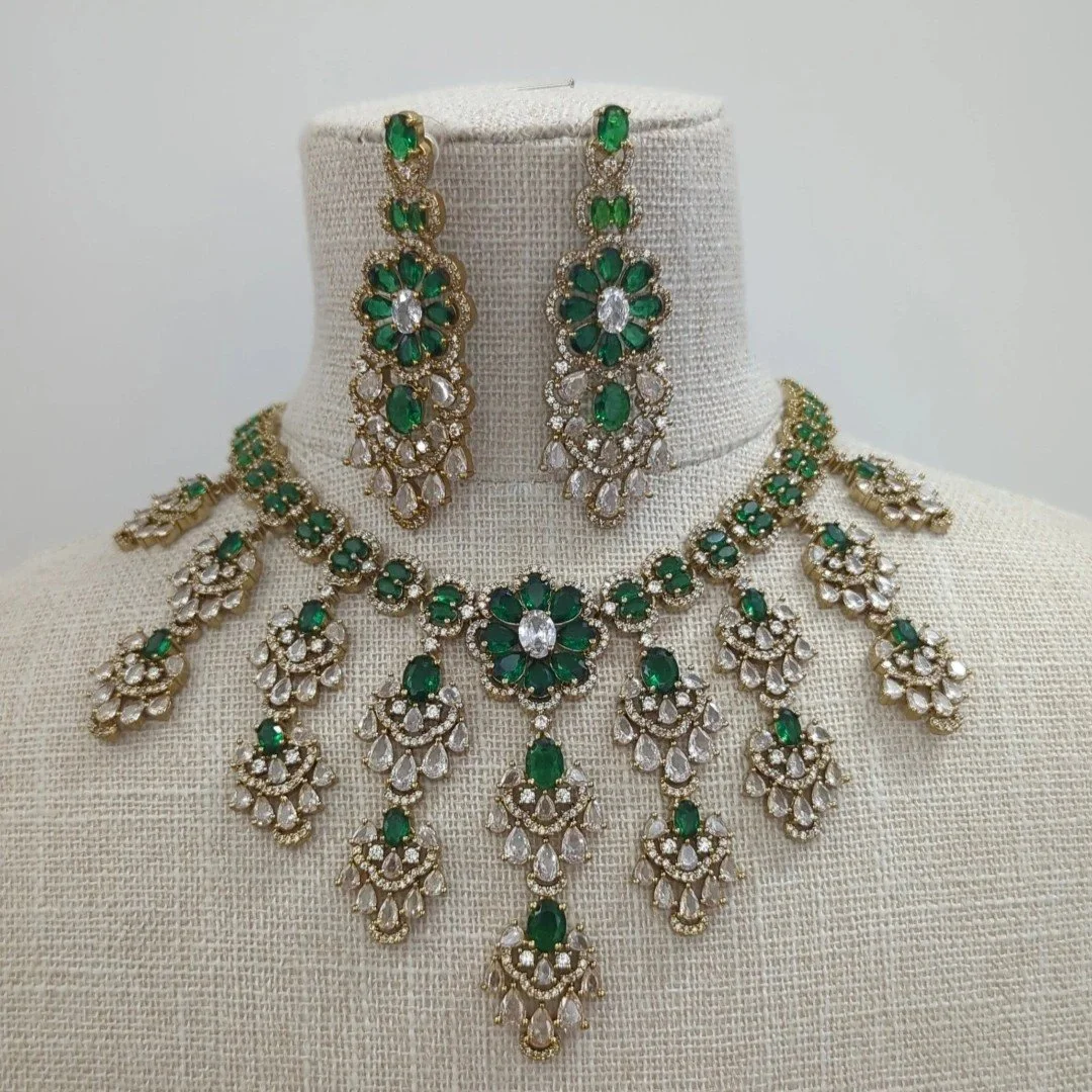 Emerald Green Silver Antique Gold American Diamond Necklace Set with Doublet Stones Indian Asian Wedding Bridal