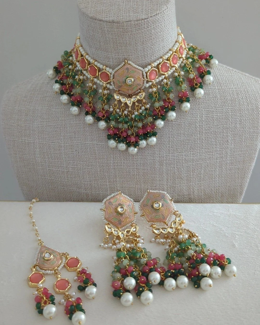 Flexible Indian Asian Peach Mint Meenakari Kundan Choker Necklace Jewellery Jewelry Set