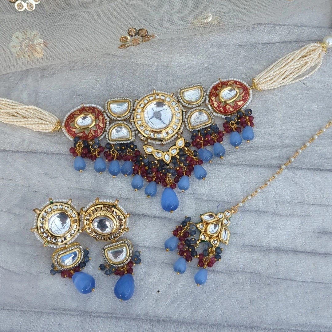 Baby Blue Maroon Flexible Meenakari Kundan Necklace Jewellery Set