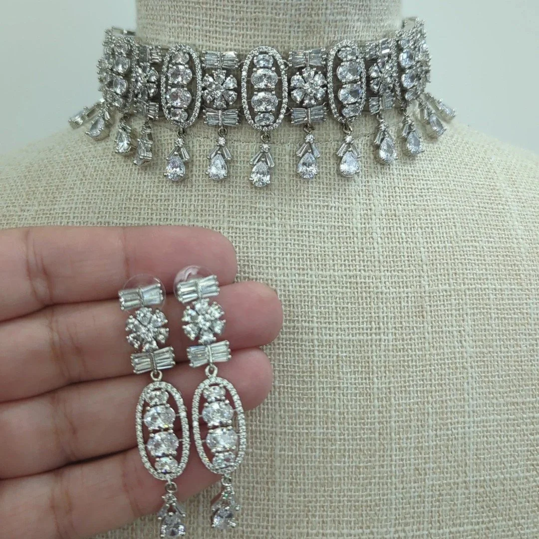 Full Silver Indian Asian Cubic Zirconia American Diamond Reception Party Bridal Necklace Set