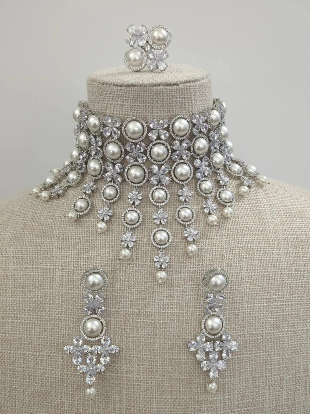 Silver Pearl American Diamond Indian Asian Choker Necklace Jewellery Set  Bridal Wedding Party — Glimour Jewellery