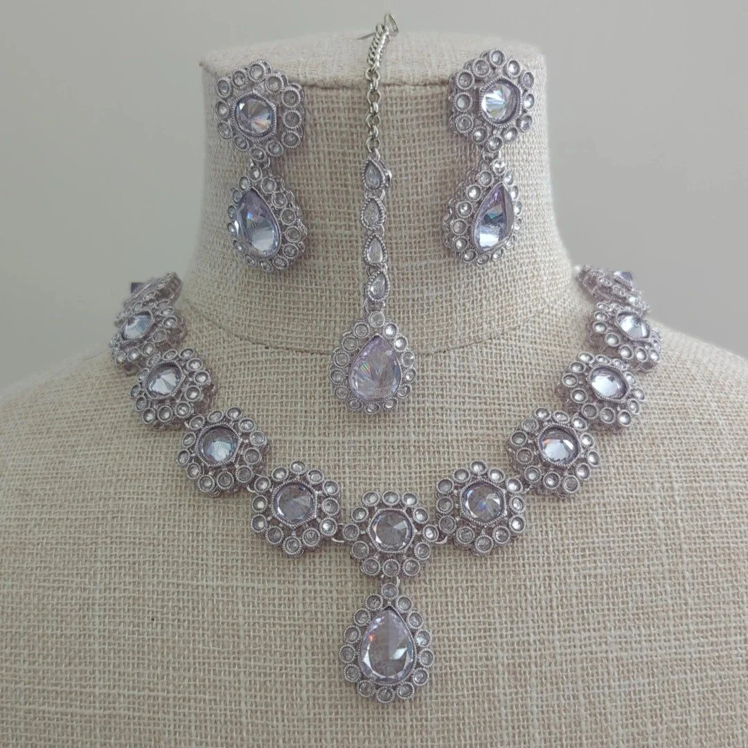 Simple Indian Asian Full Silver Polki Crystal Necklace Jewellery Set Wedding Party Bridal Bridesmaid