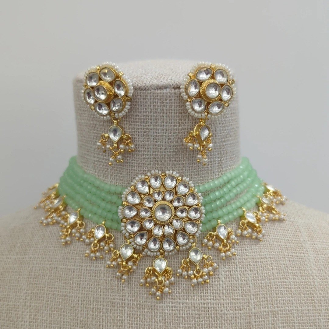 Mint Gold Silver Pachi Kundan Choker Jewellery Set
