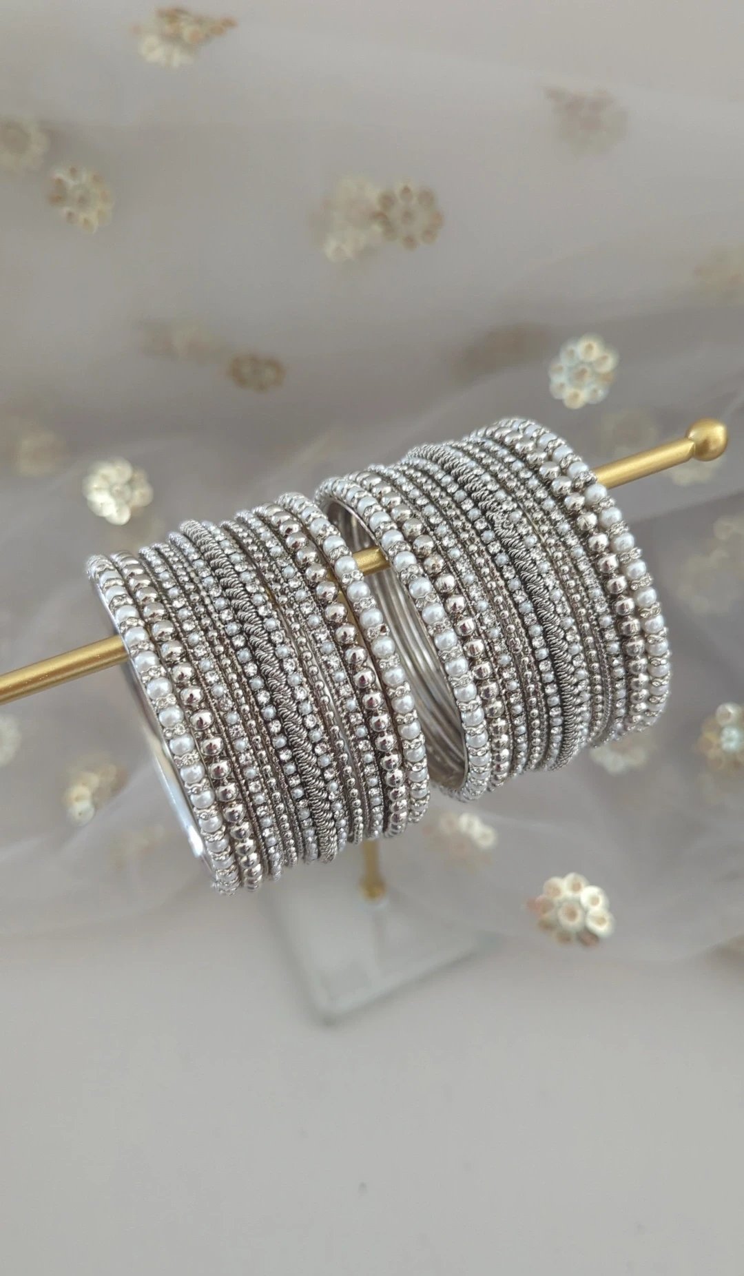 Full Silver Ivory Pearl Bangle Set