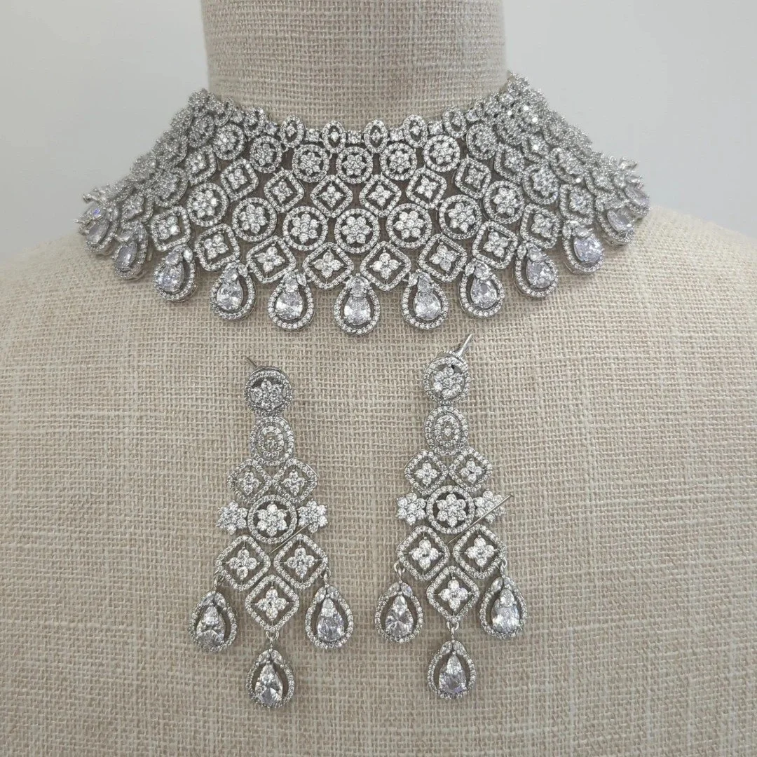 Full Silver Statement American Diamond Cubic Zirconia Bridal Choker Set