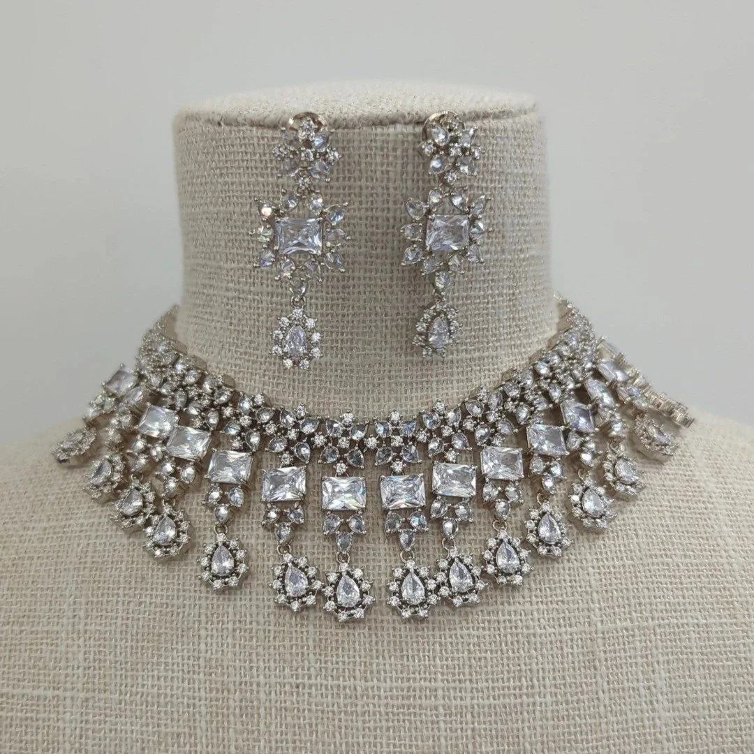Silver Cubic Zirconia American Diamond Bridal Necklace Jewellery Set
