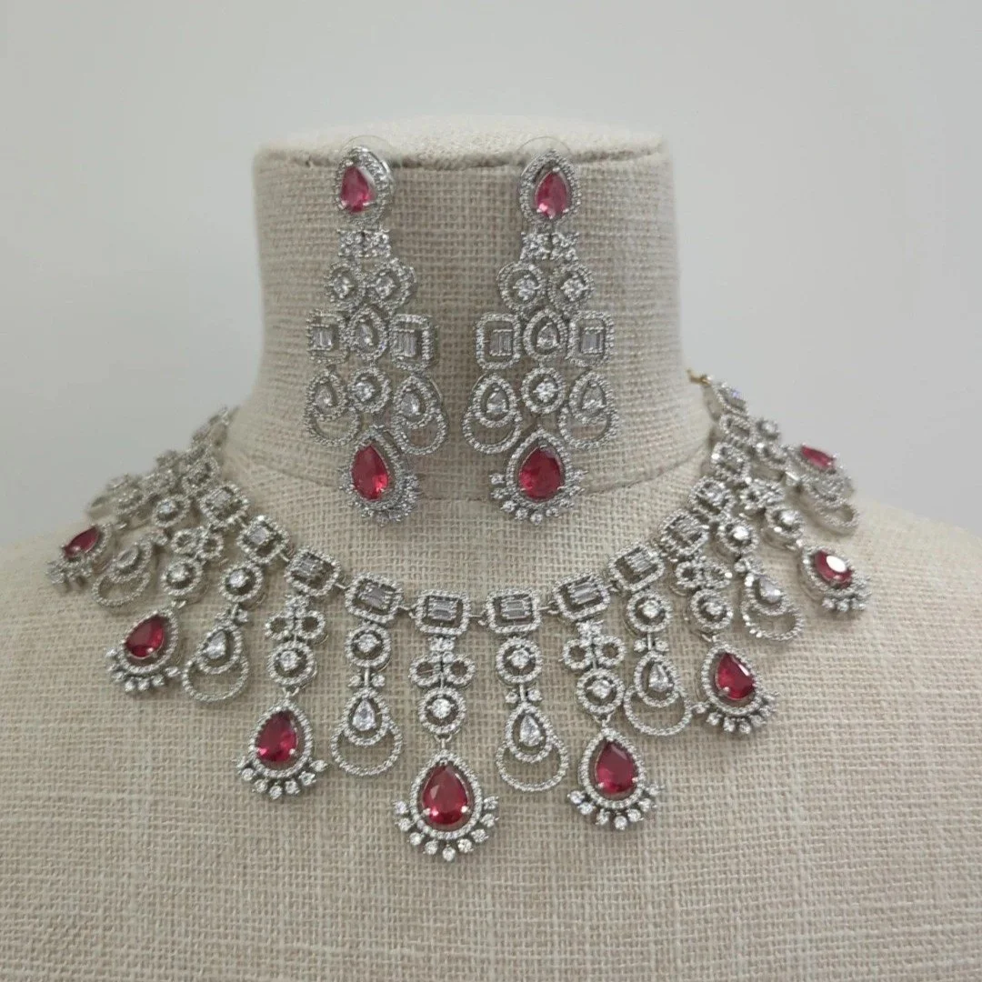 Ruby Maroon Silver American Diamond Necklace Jewellery Set Bridal Wedding Party