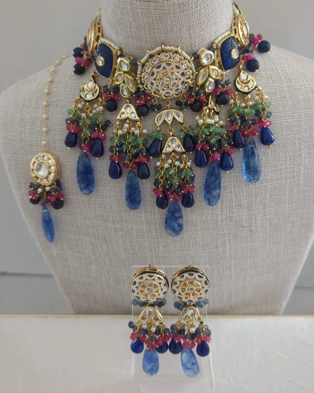 Blue Indian Asian Pearl Choker Necklace Jewellery Jewelry Set