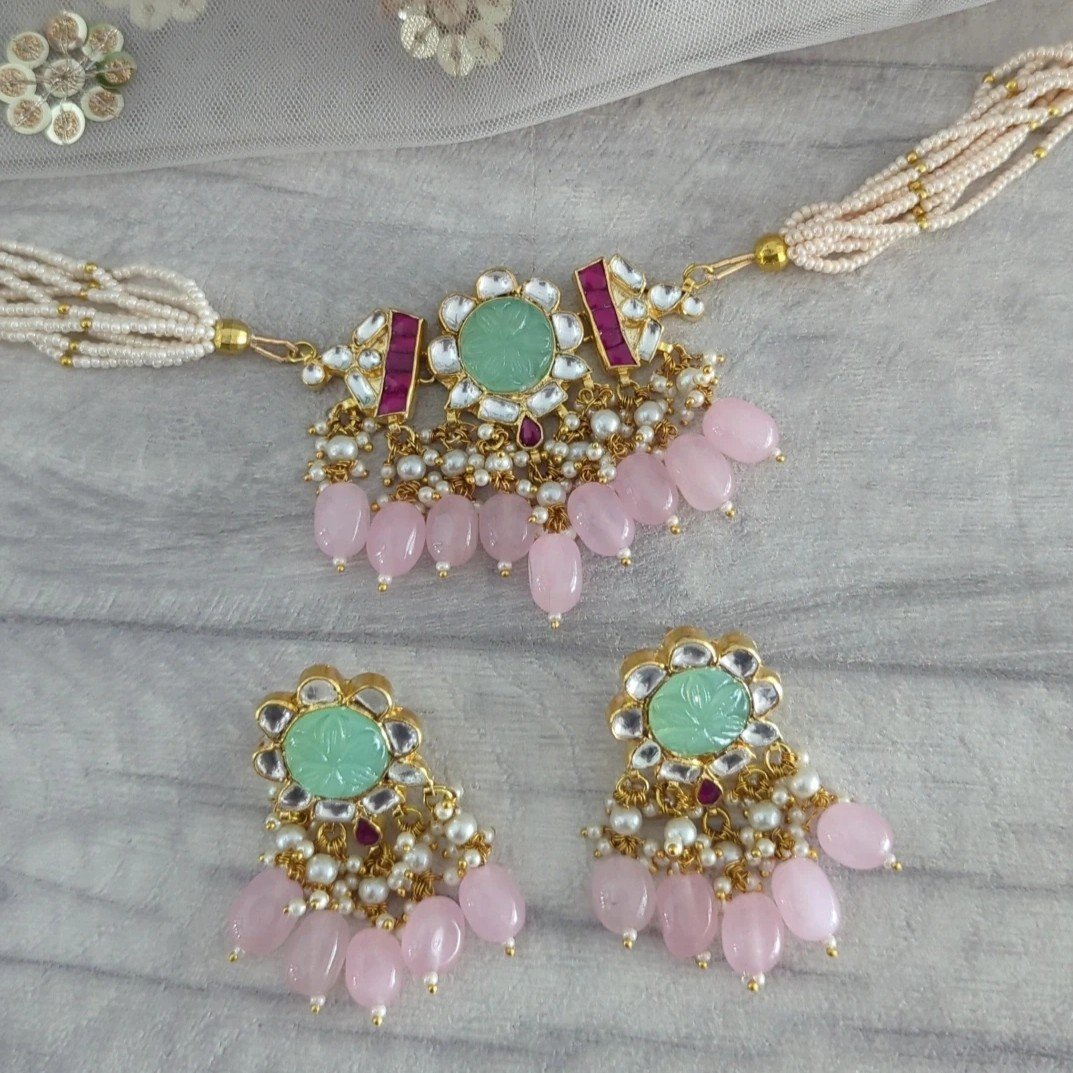 Baby Pink & Mint Pachi Kundan Choker Jewellery Set