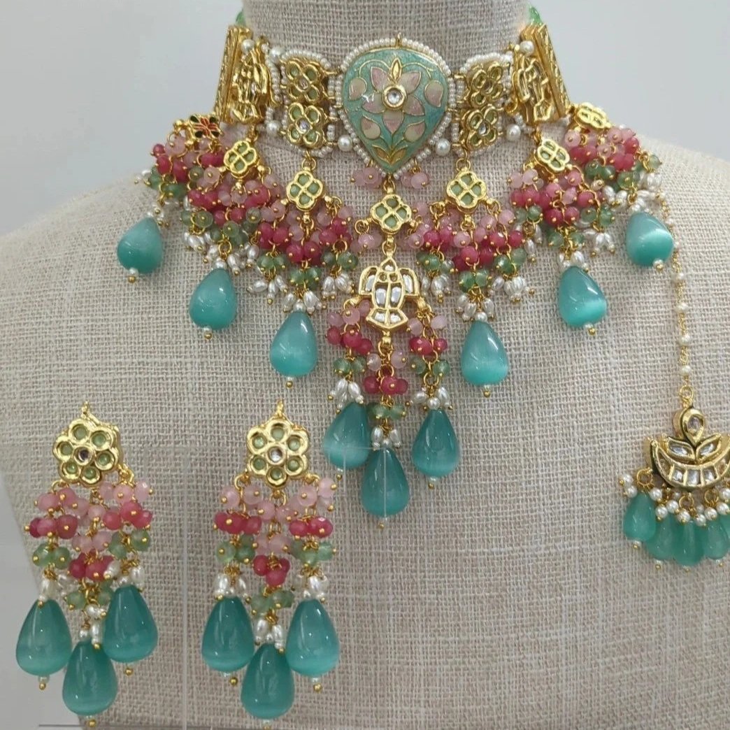 Ocean Mint Meenakari Kundan Indian Asian Choker Necklace Jewellery Jewelry Set