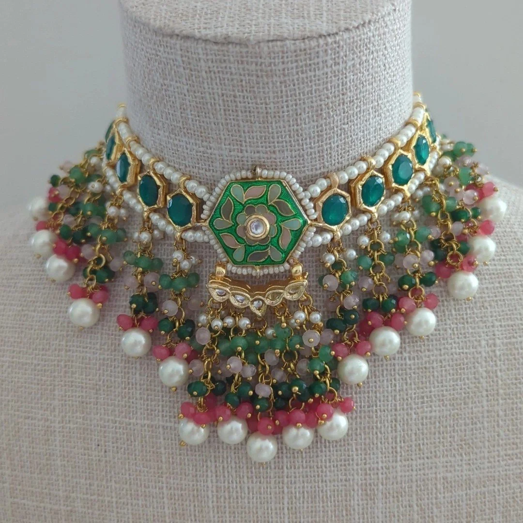 Flexible Indian Asian Peacock Green Coral Meenakari Kundan Choker Necklace Jewellery Jewelry Set