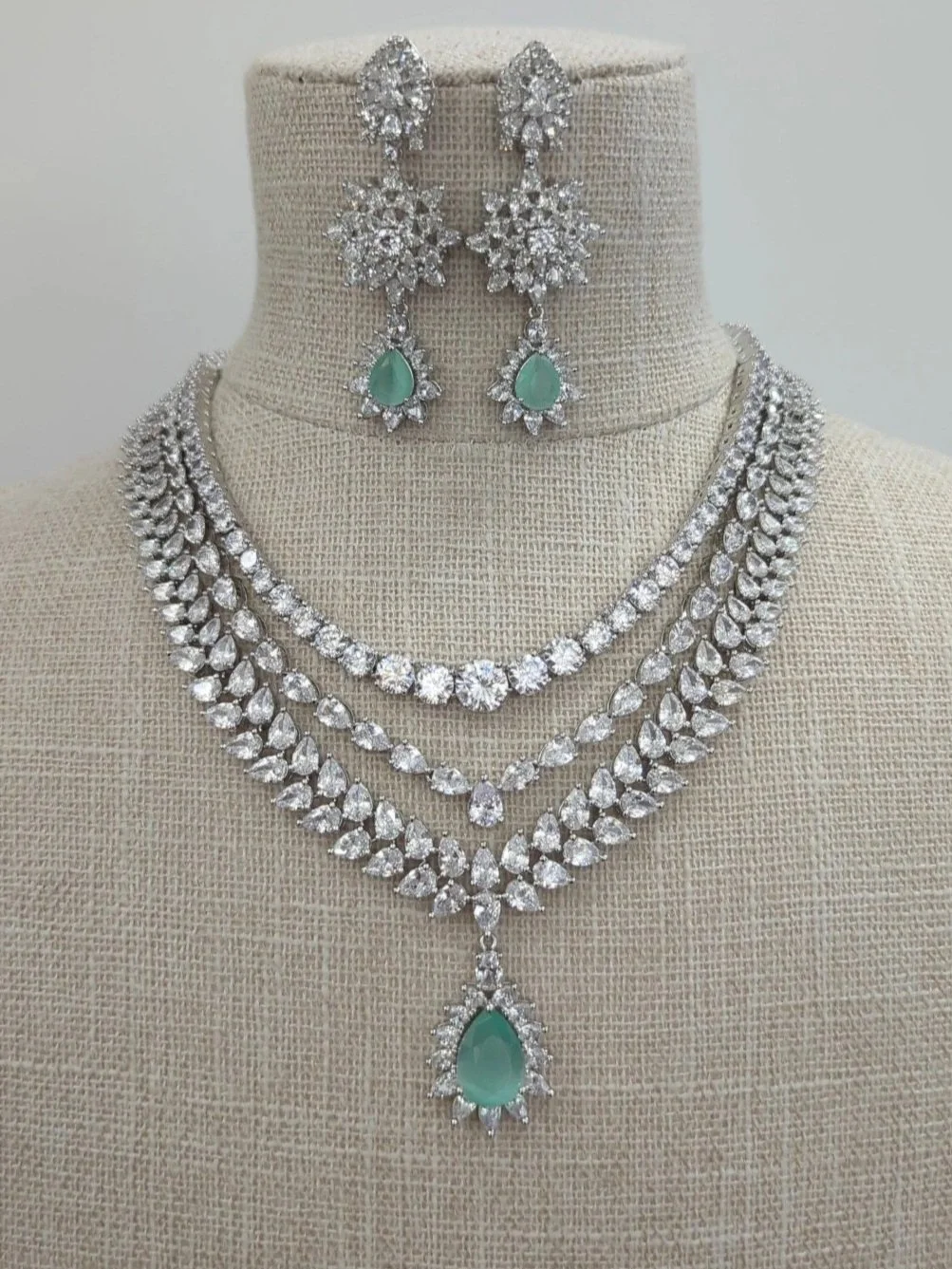 Mint Silver American Diamond Layered Indian Asian Necklace Jewellery Set Bridal Wedding Party