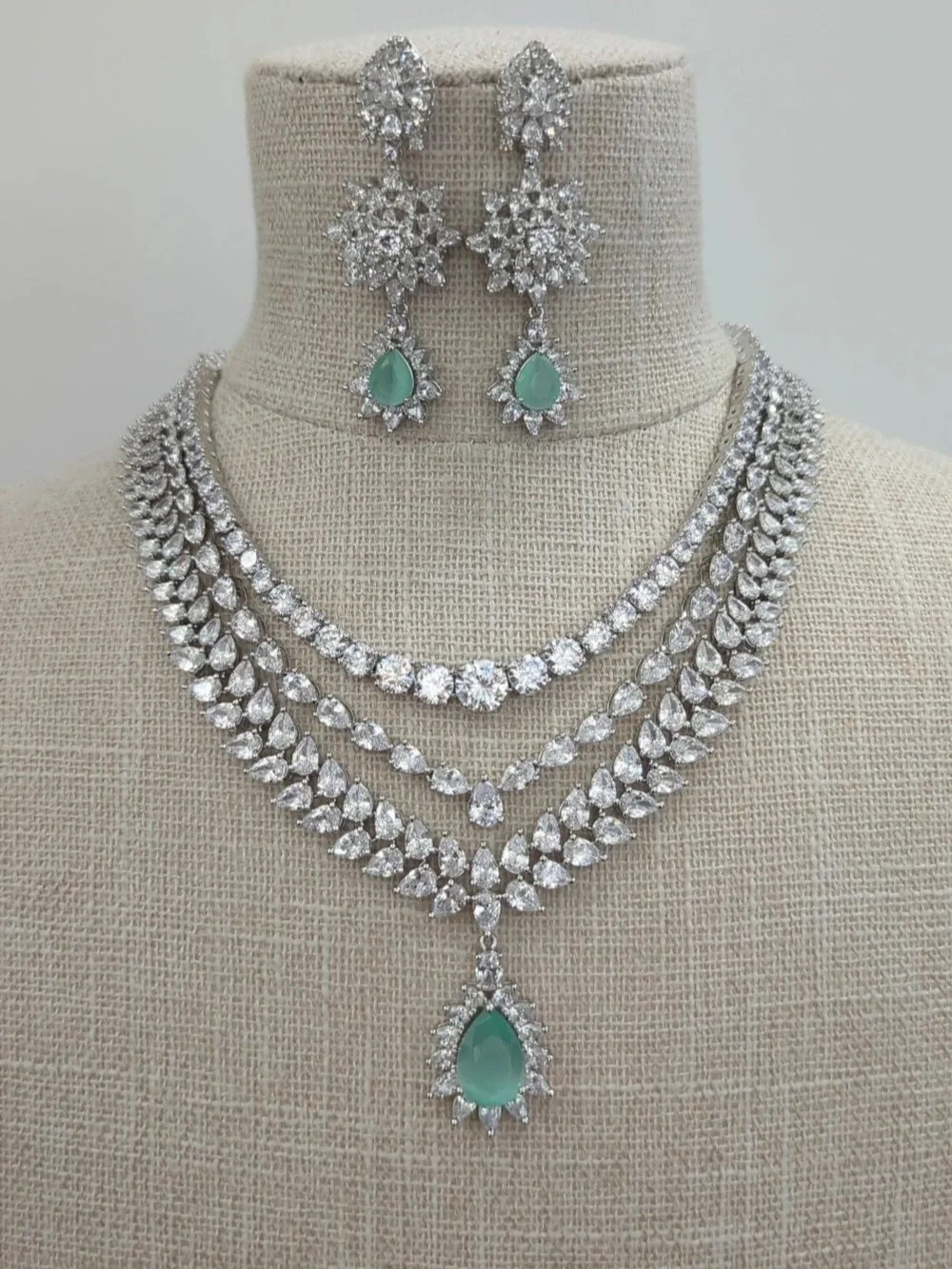 Mint Silver American Diamond Layered Indian Asian Necklace Jewellery Set  Bridal Wedding Party — Glimour Jewellery