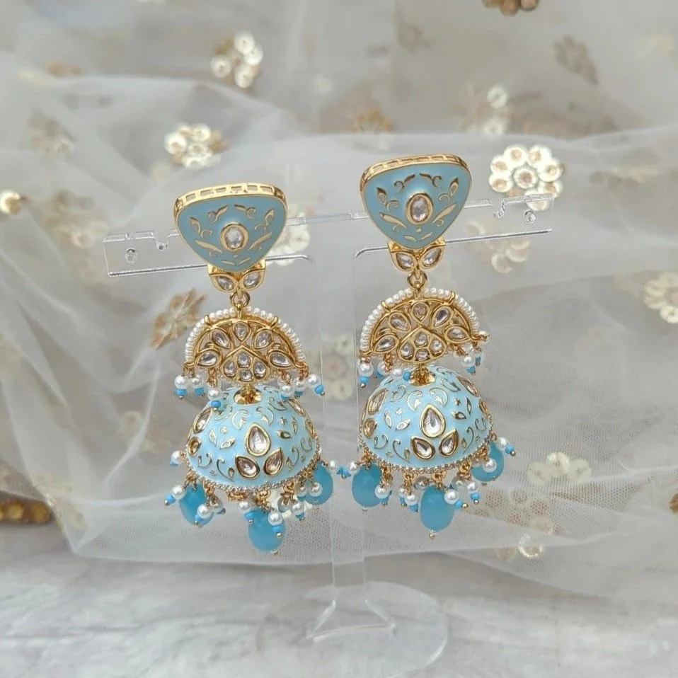 Baby Blue Gold Silver Meenakari Kundan Jhumki Earrings Indian Asian Wedding