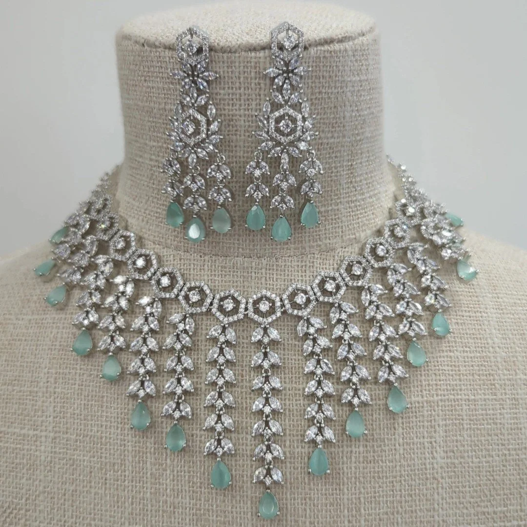 Mint Silver American Diamond Waterfall Necklace Jewellery Jewelry Set Wedding Party Bridal
