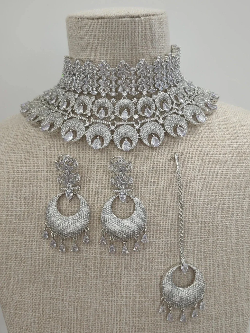 Full Silver Statement American Diamond Cubic Zirconia Bridal Choker Set