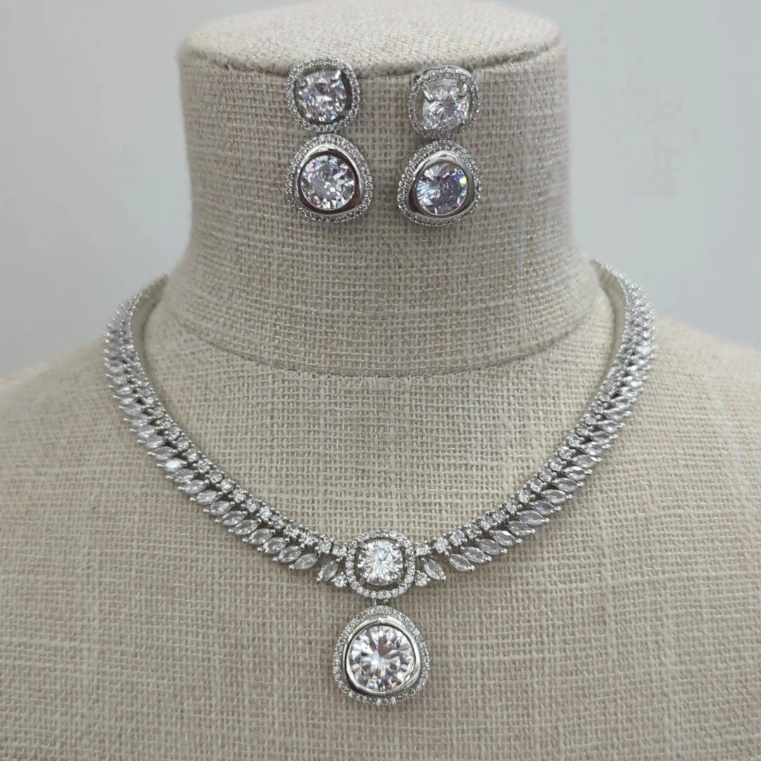 Full Silver American Diamond Indian Asian Neckline Jewellery Jewelry Set