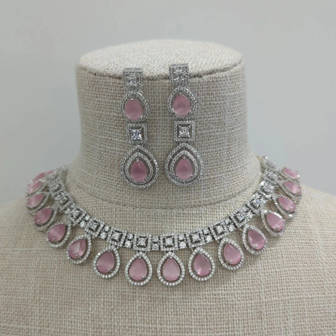 Baby Pink Silver Cubic Zirconia Necklace Jewellery Set