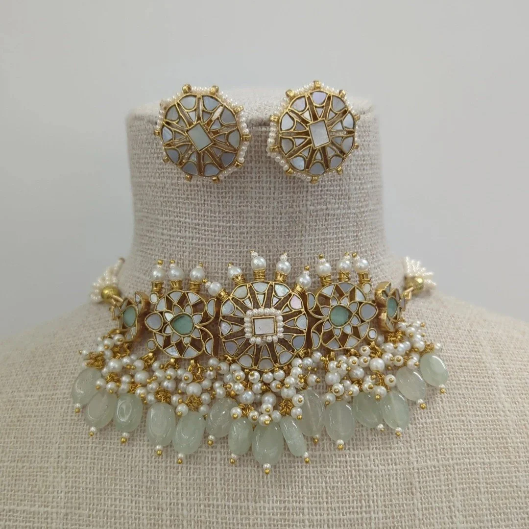 Muted Mint Sage Mother of Pearl Choker Jewellery Set Indian Wedding Party