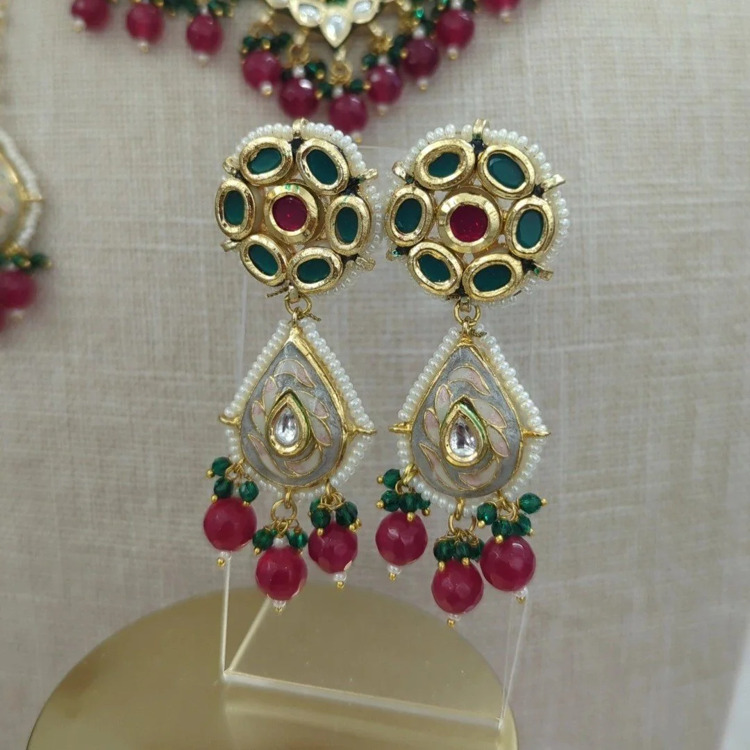 Maroon Indian Asian Meenakari Kundan Flexible Choker Necklace Jewellery Jewelry Set