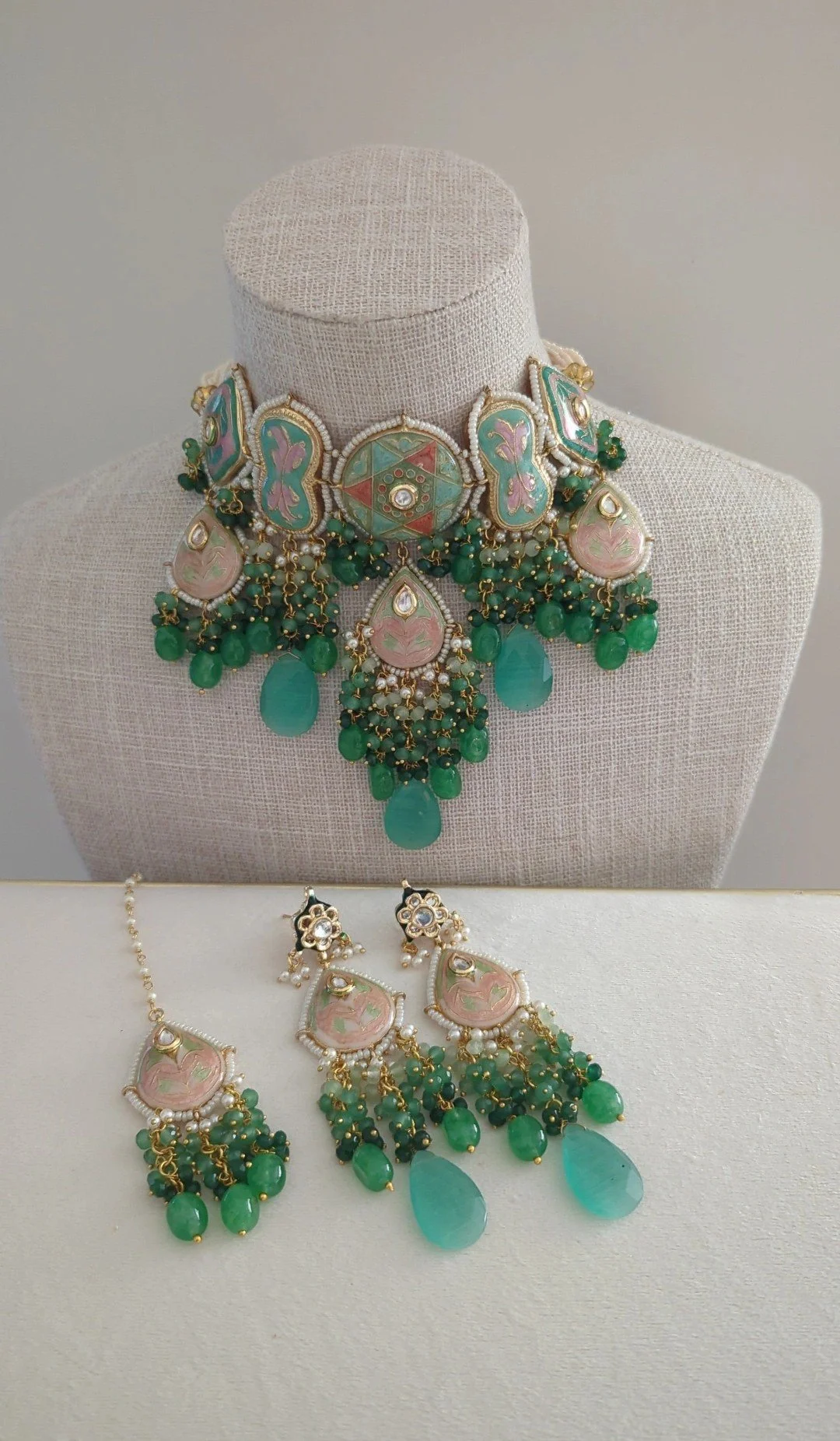 Peacock Ocean Green Meenakari Kundan Choker Necklace Jewellery Set