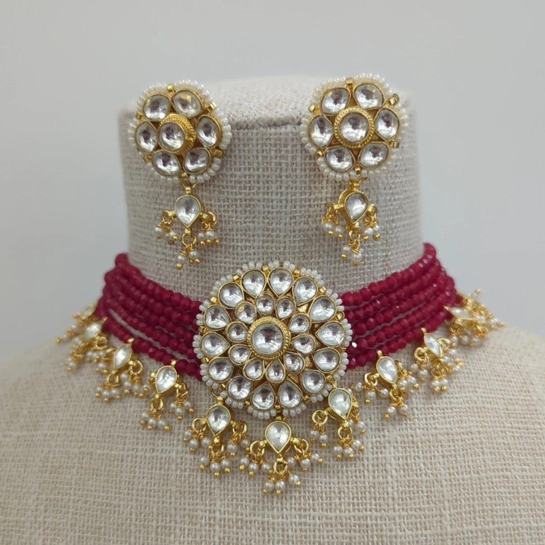 Maroon Gold Silver Pachi Kundan Choker Jewellery Set