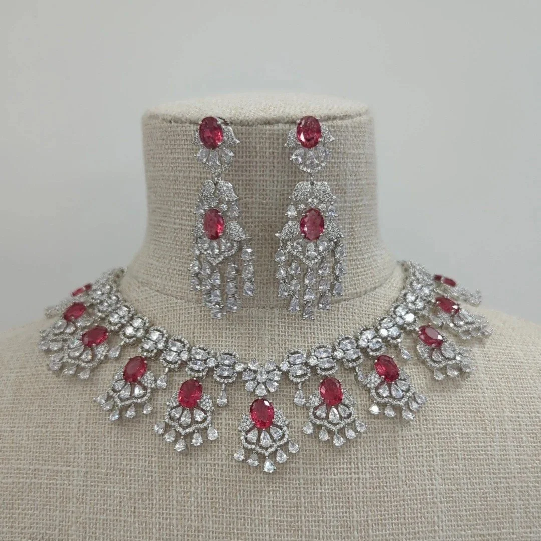 Ruby Maroon Silver American Diamond Necklace Jewellery Set Bridal Wedding Party