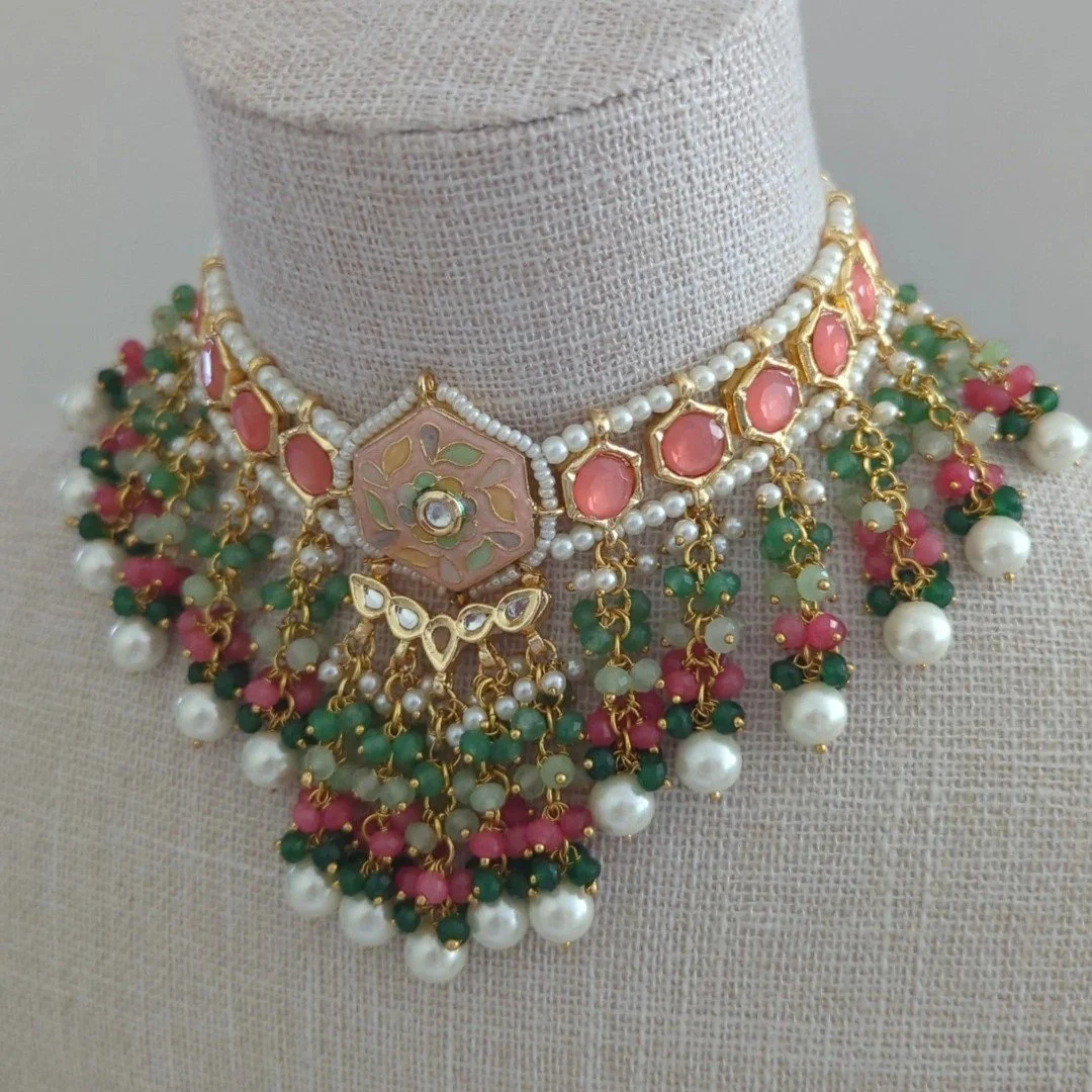 Flexible Indian Asian Peach Mint Meenakari Kundan Choker Necklace Jewellery Jewelry Set