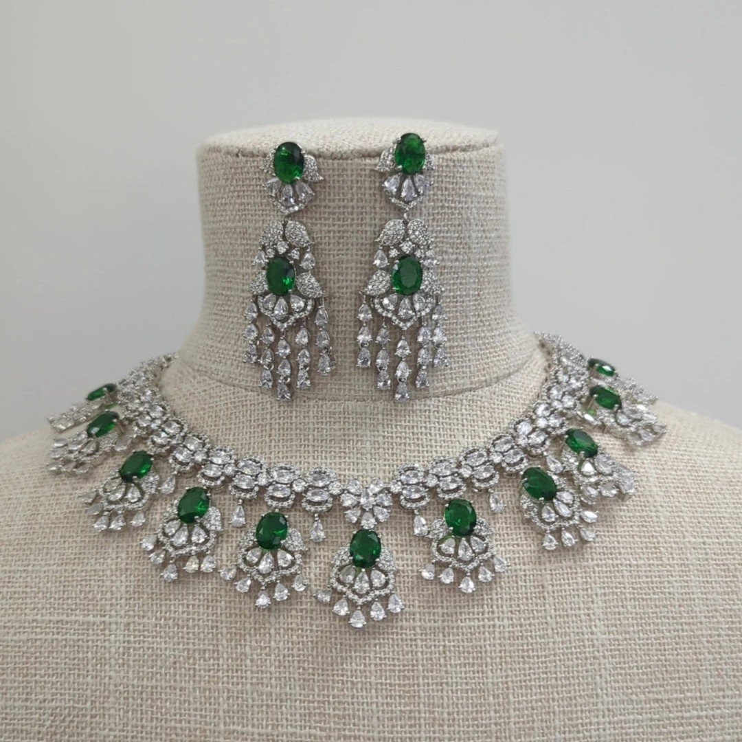 Emerald Green Silver American Diamond Necklace Jewellery Jewelry Set