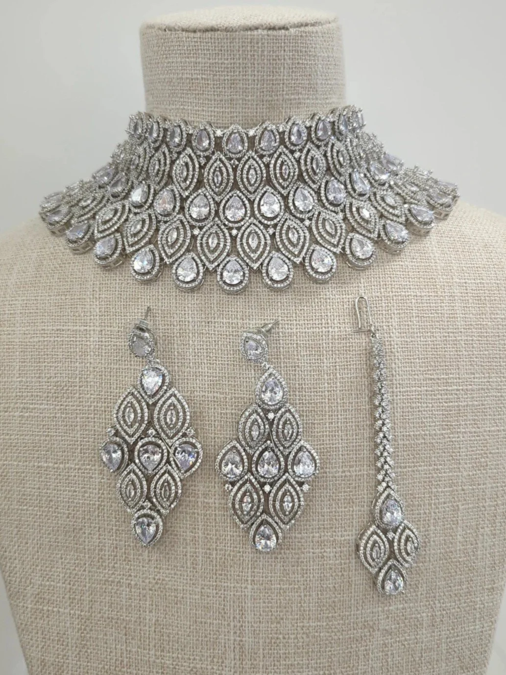 Full Silver Statement American Diamond Cubic Zirconia Bridal Choker Set