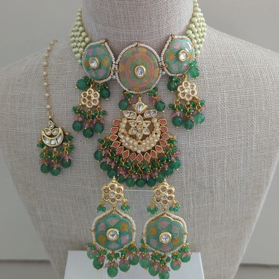 Mint Pastel Indian Asian Meenakari Kundan Choker Necklace Jewellery Jewelry Set