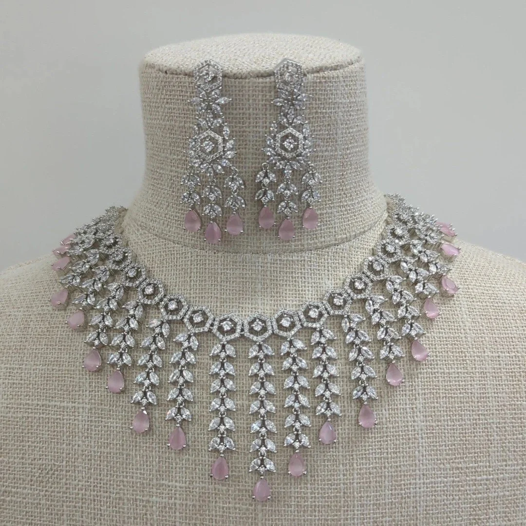 Full Silver Sweetheart Neckline American Diamond Cubic Zirconia Bridal Choker Set