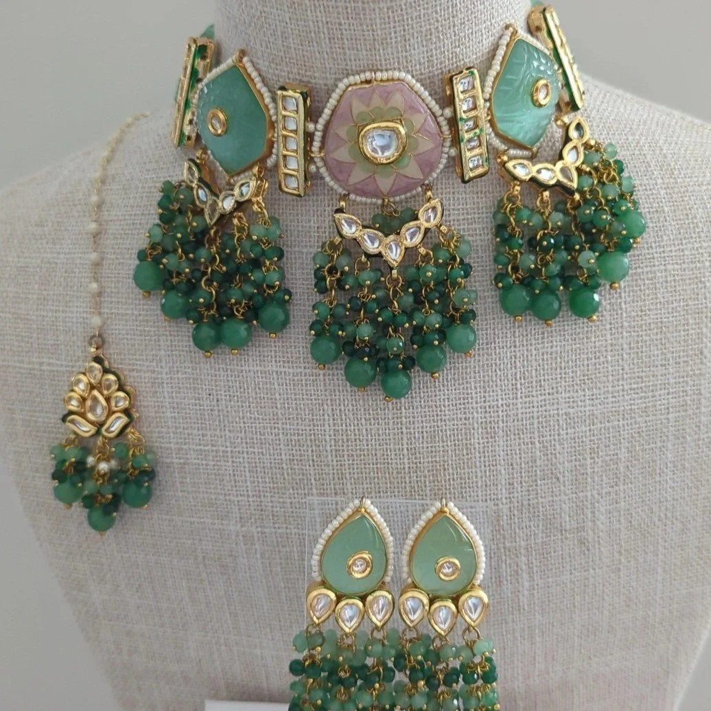 Mint Pastel Meenakari Kundan Indian Asian Choker Necklace Jewellery Set