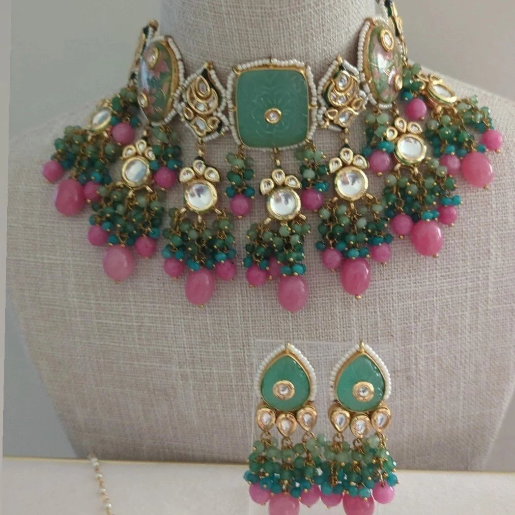 Dusty Pink & Green Flexible Meenakari Kundan Choker Jewellery Set