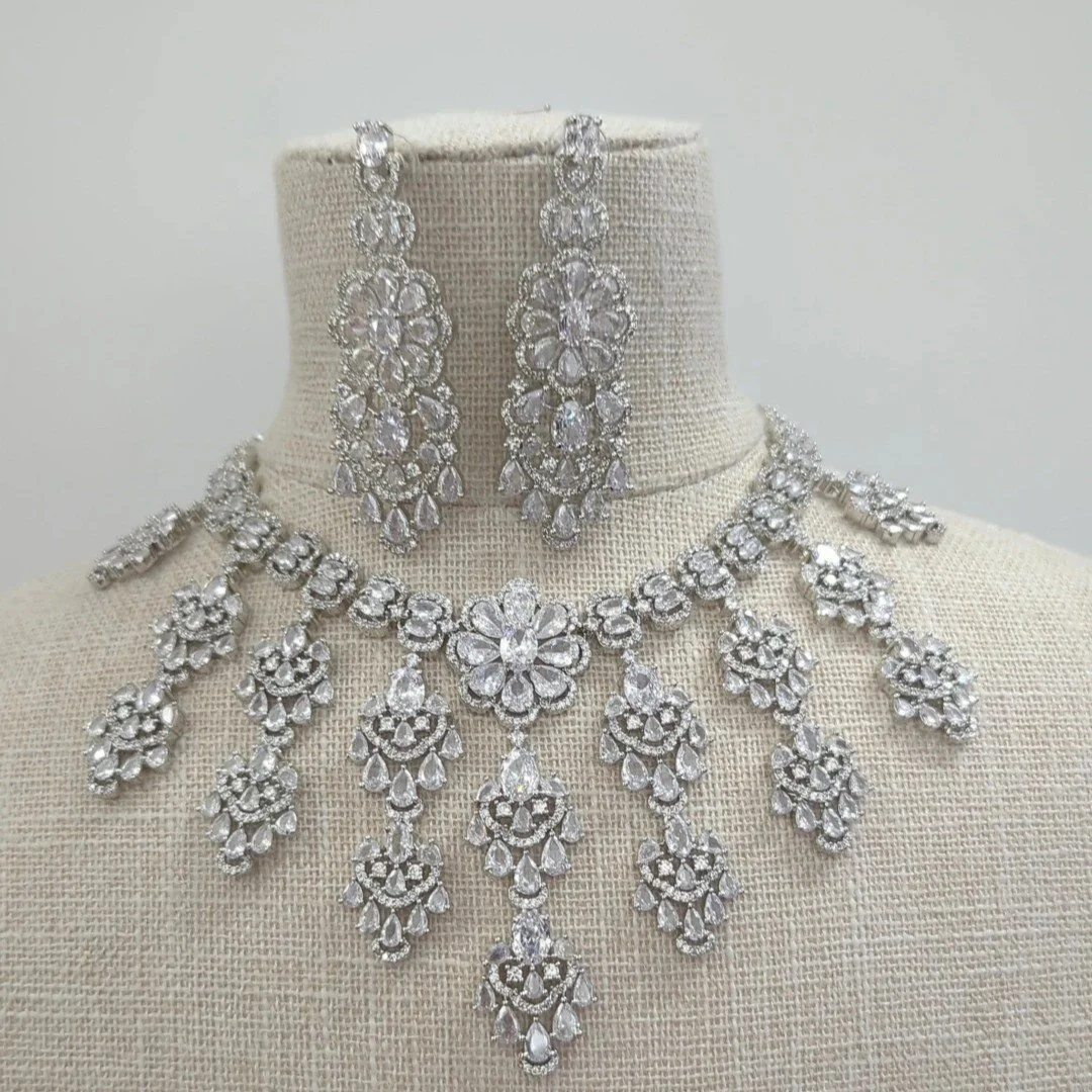 Full Silver American Diamond Necklace Set with Doublet Stones Indian Asian Wedding Bridal